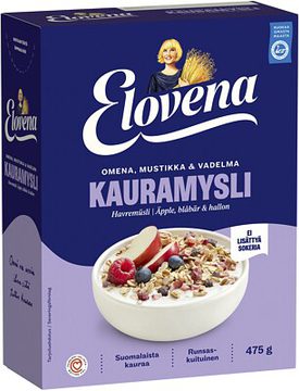 Elovena Täysjyväkauramysli Omena, mustikka & vadelma