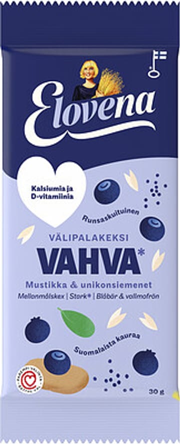 Elovena Täysjyvävälipalakeksi Vahva Mustikka & unikonsiemenet