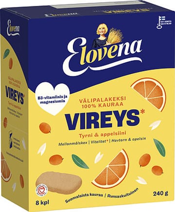 Elovena Täysjyvävälipalakeksi Vireys Tyrni & appelsiini