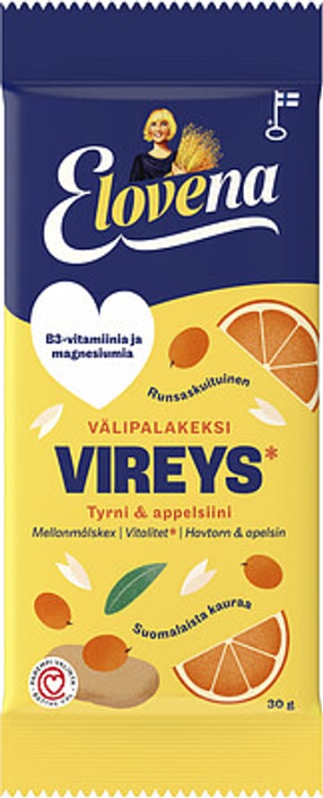 Elovena Täysjyvävälipalakeksi Vireys Tyrni & appelsiini