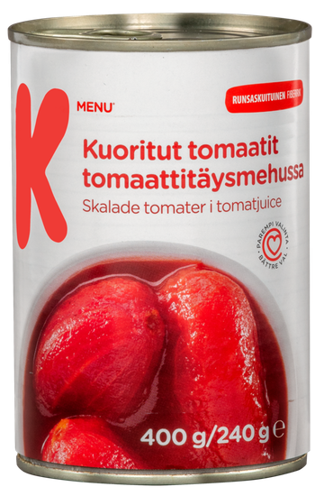 K-Menu kuoritut tomaatit tomaattitäysmehussa 400 g/240 g