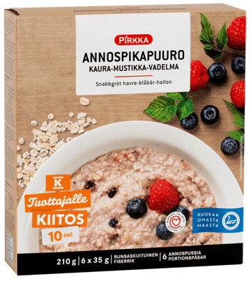 Pirkka annospikapuuro kaura-mustikka-vadelma 210 g (6x35 g)