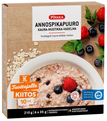 Pirkka annospikapuuro kaura-mustikka-vadelma 210 g (6x35 g)