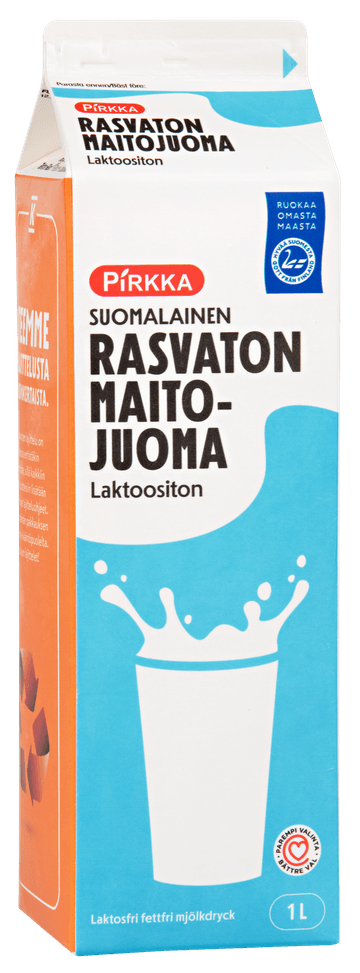 Pirkka suomalainen laktoositon rasvaton maitojuoma 1l