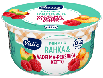 Valio pehmeä rahka &  vadelma-persikkakeitto